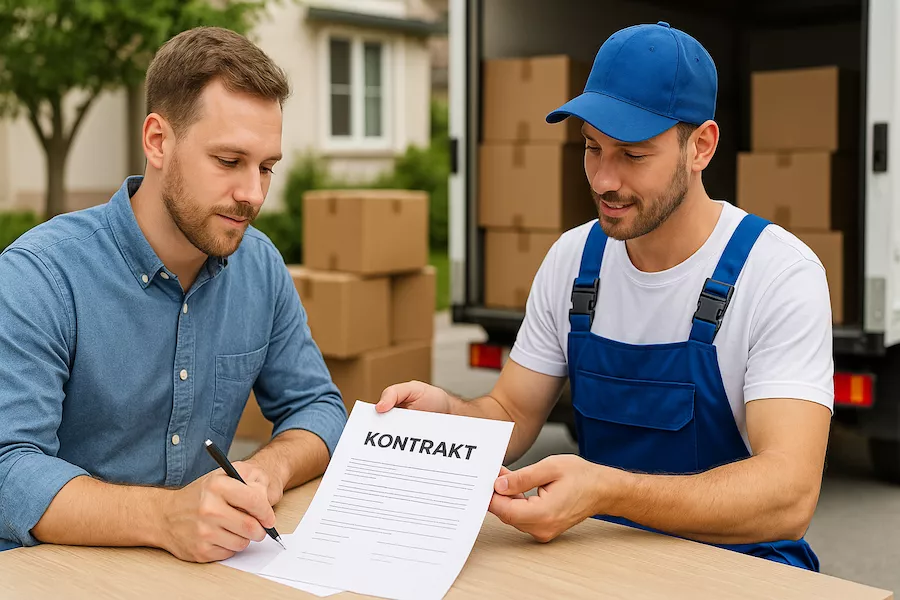 “Kund och flyttfirma skriver kontrakt inför flytt – symboliserar avtal, trygg planering och tydliga villkor inför en professionellt genomförd flytt”